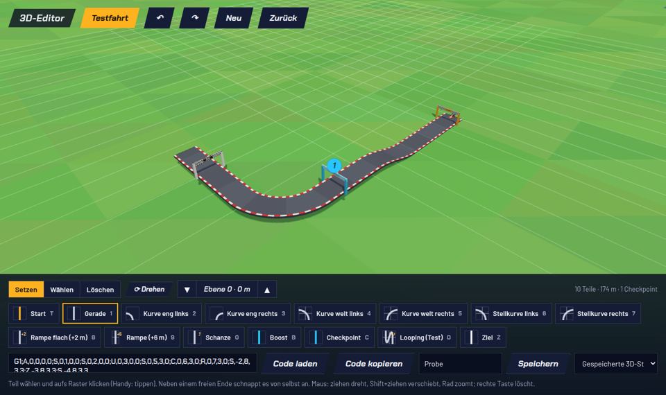 Der 3D-Editor mit Raster, Strecke und Teile-Leiste